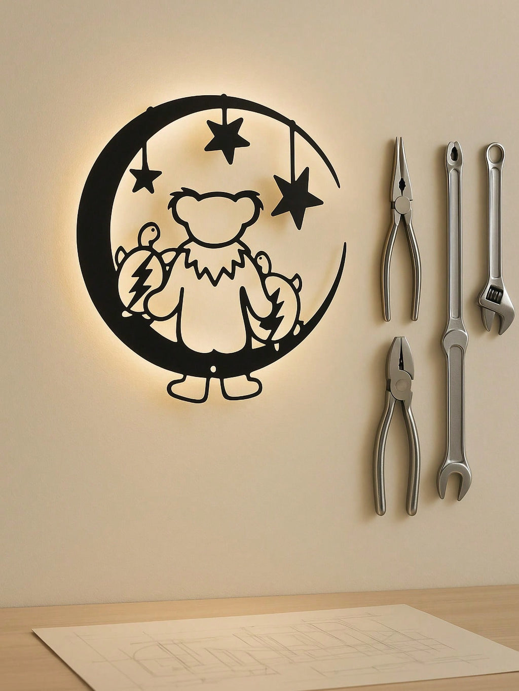 1 unique and fun cute metal bear moon metal logo fashion warm bear and turtle sitting on the moon moon shape bear and turtle wall artwork suitable for interior decoration wall decoration