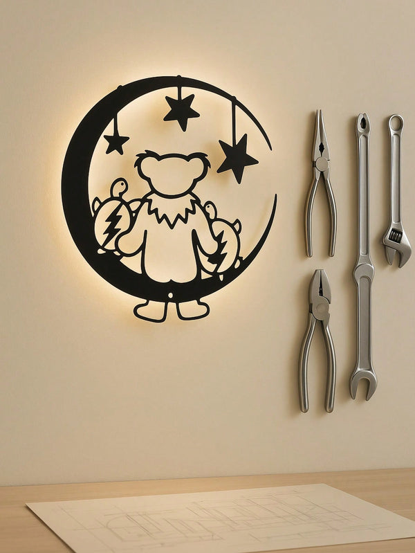 1 unique and fun cute metal bear moon metal logo fashion warm bear and turtle sitting on the moon moon shape bear and turtle wall artwork suitable for interior decoration wall decoration