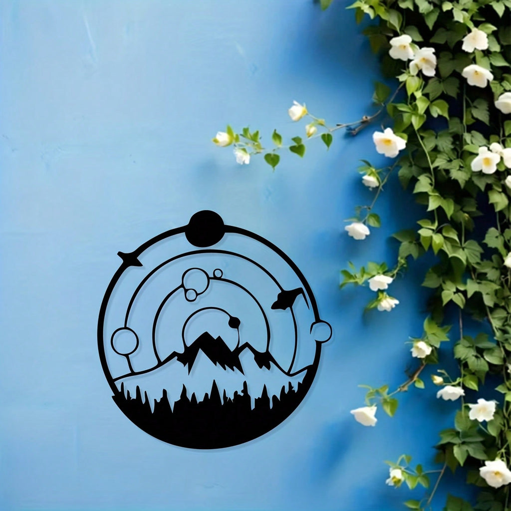 A weathered metal wall art featuring mountain, water, and starry night themes. This painted sculpture is a perfect gift for nature lovers, ideal for Christmas and New Year. Great for home walls and garden fences.