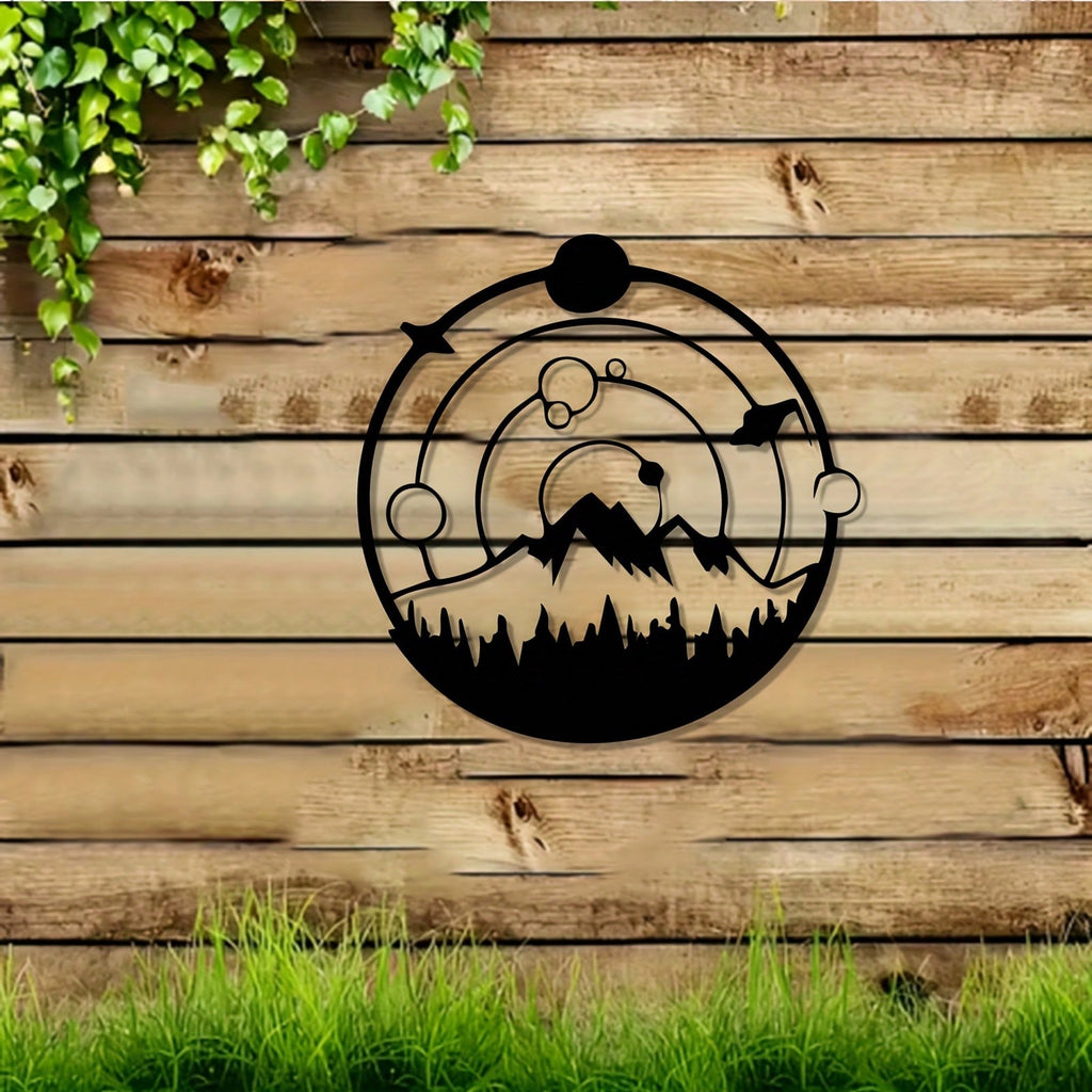 A weathered metal wall art featuring mountain, water, and starry night themes. This painted sculpture is a perfect gift for nature lovers, ideal for Christmas and New Year. Great for home walls and garden fences.