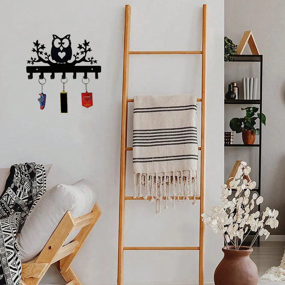1pc Metal Owl Key Hanger Owl On Maple Trees Steel Key Holder, Steel Key Rack, Wall Hanging Towel Rack Coat Rack Storage Rack.Suitable For Home Keys, Small Accessories, Wall Mounted Storage Rack, Wall Decoration, Suitable For Home And Holiday Decoration, S Secondary image