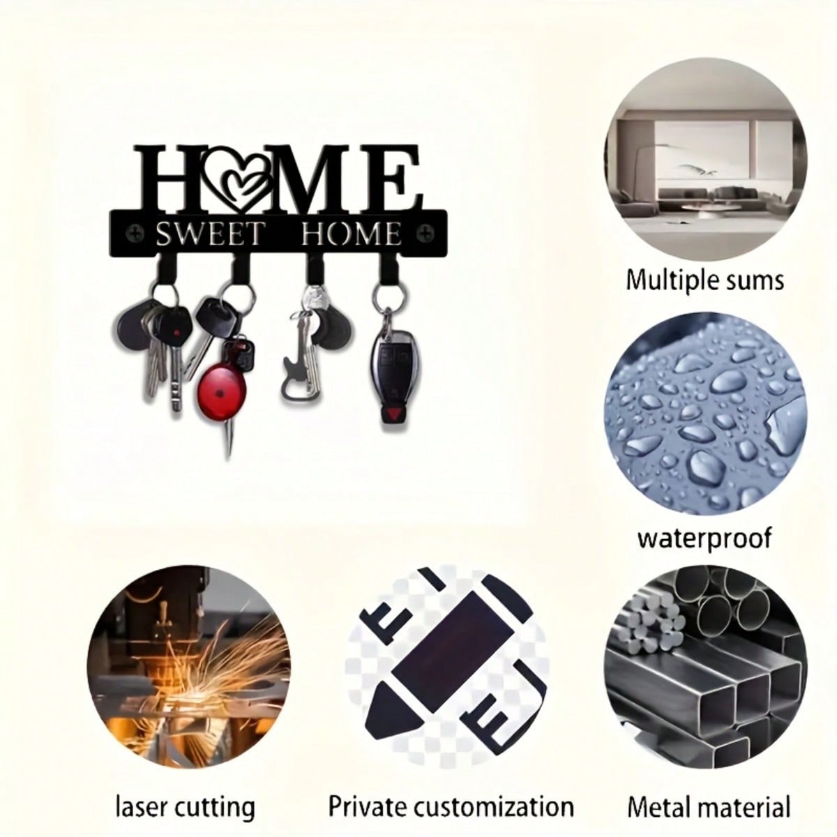1Pc "Home Sweet Home" Metal Key Holder With Hooks, Easy Install Wall Rack For Keys, Hats & Towels In Kitchen, Bathroom & Entryway.Suitable For Room Decor,Wall Decor,Home Decor,Bathroom Decor,Coffee Bar Essentials,Wall Art