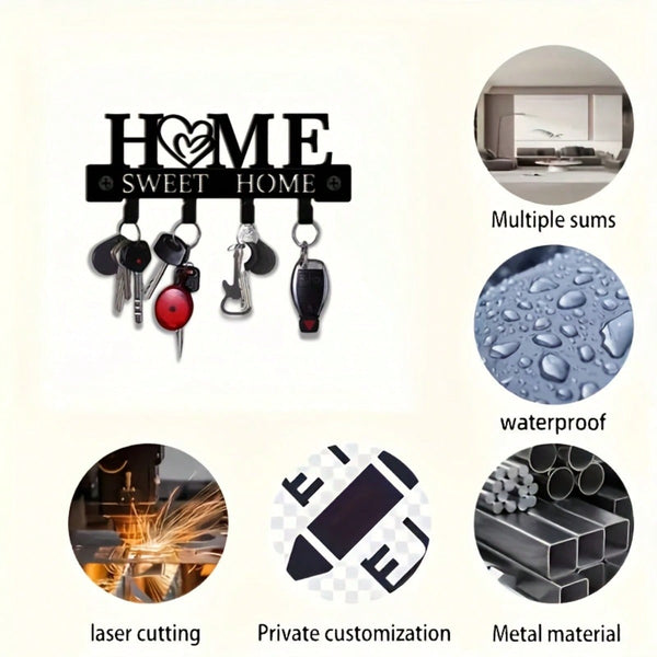1Pc "Home Sweet Home" Metal Key Holder With Hooks, Easy Install Wall Rack For Keys, Hats & Towels In Kitchen, Bathroom & Entryway.Suitable For Room Decor,Wall Decor,Home Decor,Bathroom Decor,Coffee Bar Essentials,Wall Art
