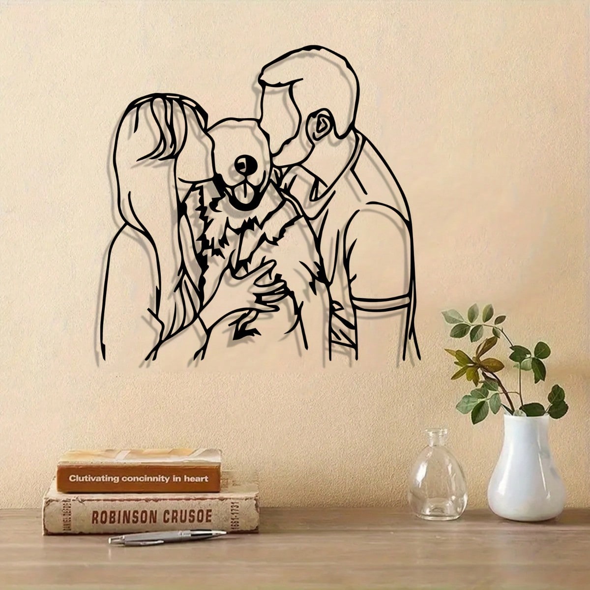 Minimalist Metal Wall Art Depicting A Couple And Their Dog - Vintage Black And White Wrought Iron Piece, Durable Bedroom Decor. As A Valentine's Day Gift Or For Dog Lovers, Its Handcrafted Design Adds A Romantic Touch To Any Room. Suitable For Room Decor, Main image