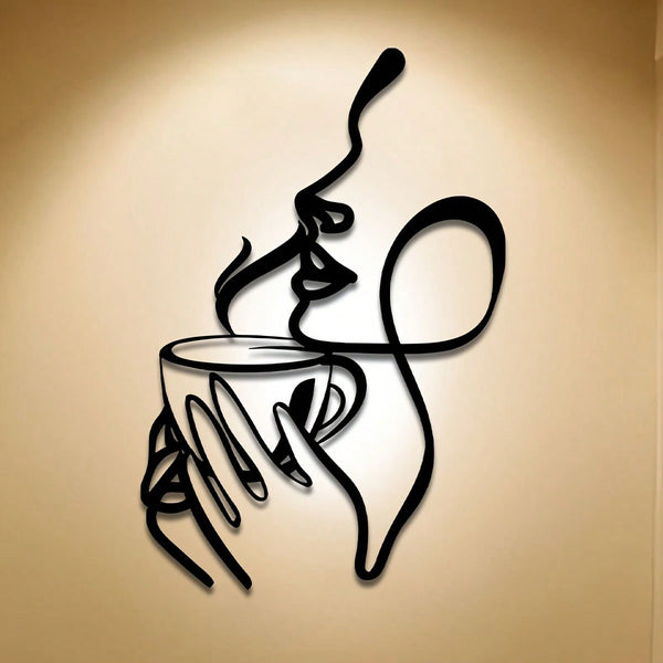 Ladies line art metal wall decoration - minimalist coffee and lipstick silhouette, black metal wall carving, perfect for living room, bedroom, balcony or patio decoration, the perfect housewarming gift.
