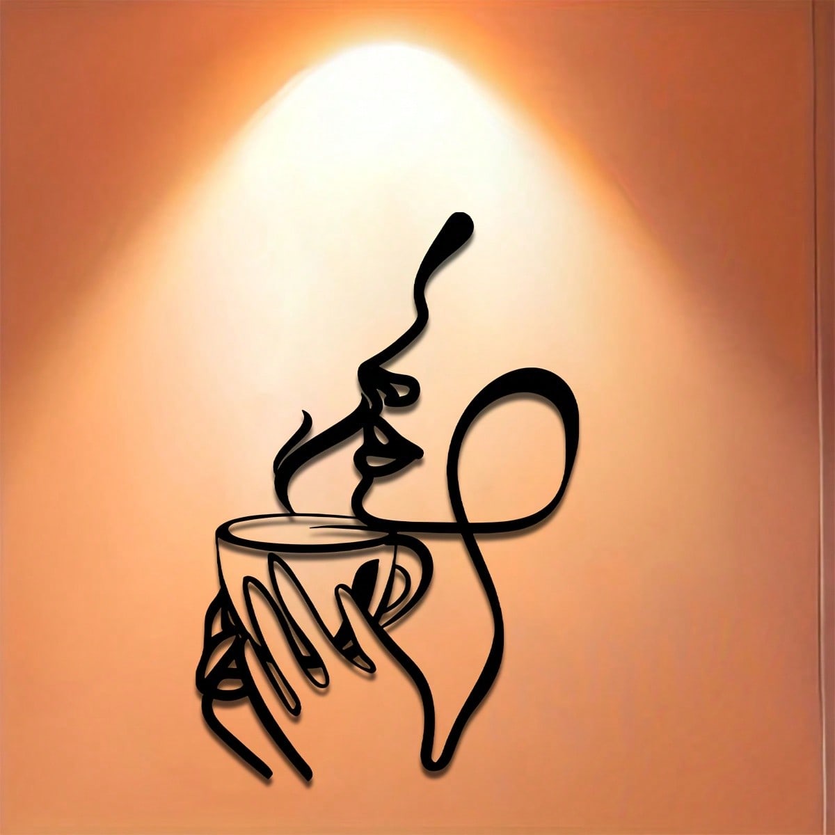 Ladies line art metal wall decoration - minimalist coffee and lipstick silhouette, black metal wall carving, perfect for living room, bedroom, balcony or patio decoration, the perfect housewarming gift.