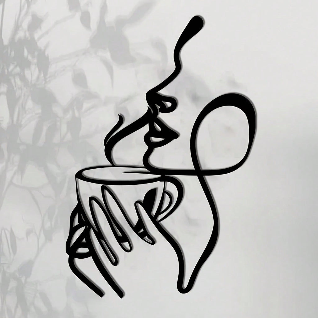 Ladies line art metal wall decoration - minimalist coffee and lipstick silhouette, black metal wall carving, perfect for living room, bedroom, balcony or patio decoration, the perfect housewarming gift.