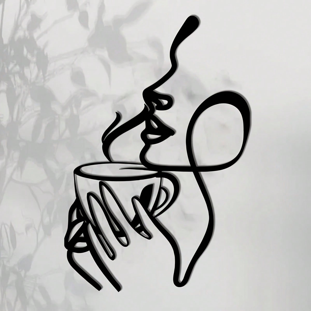 Ladies line art metal wall decoration - minimalist coffee and lipstick silhouette, black metal wall carving, perfect for living room, bedroom, balcony or patio decoration, the perfect housewarming gift.