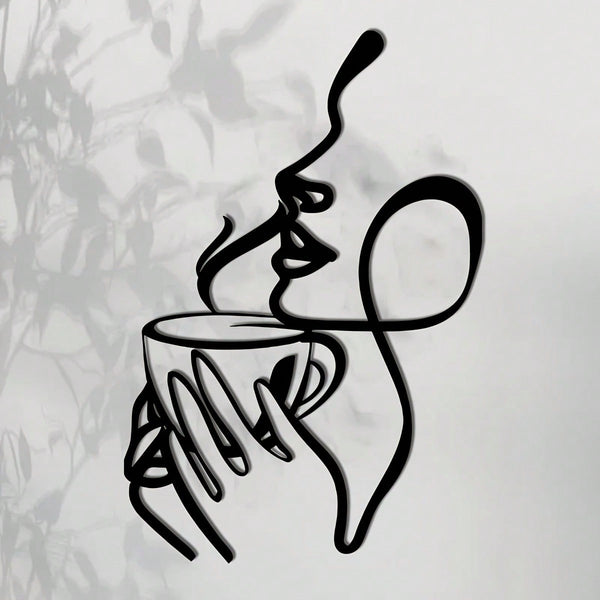 Ladies line art metal wall decoration - minimalist coffee and lipstick silhouette, black metal wall carving, perfect for living room, bedroom, balcony or patio decoration, the perfect housewarming gift.
