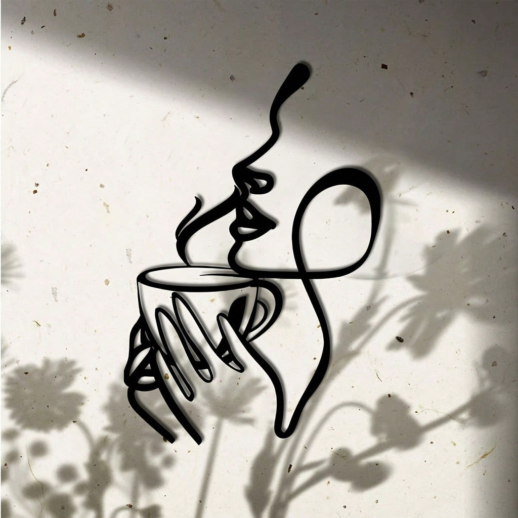 Ladies line art metal wall decoration - minimalist coffee and lipstick silhouette, black metal wall carving, perfect for living room, bedroom, balcony or patio decoration, the perfect housewarming gift.