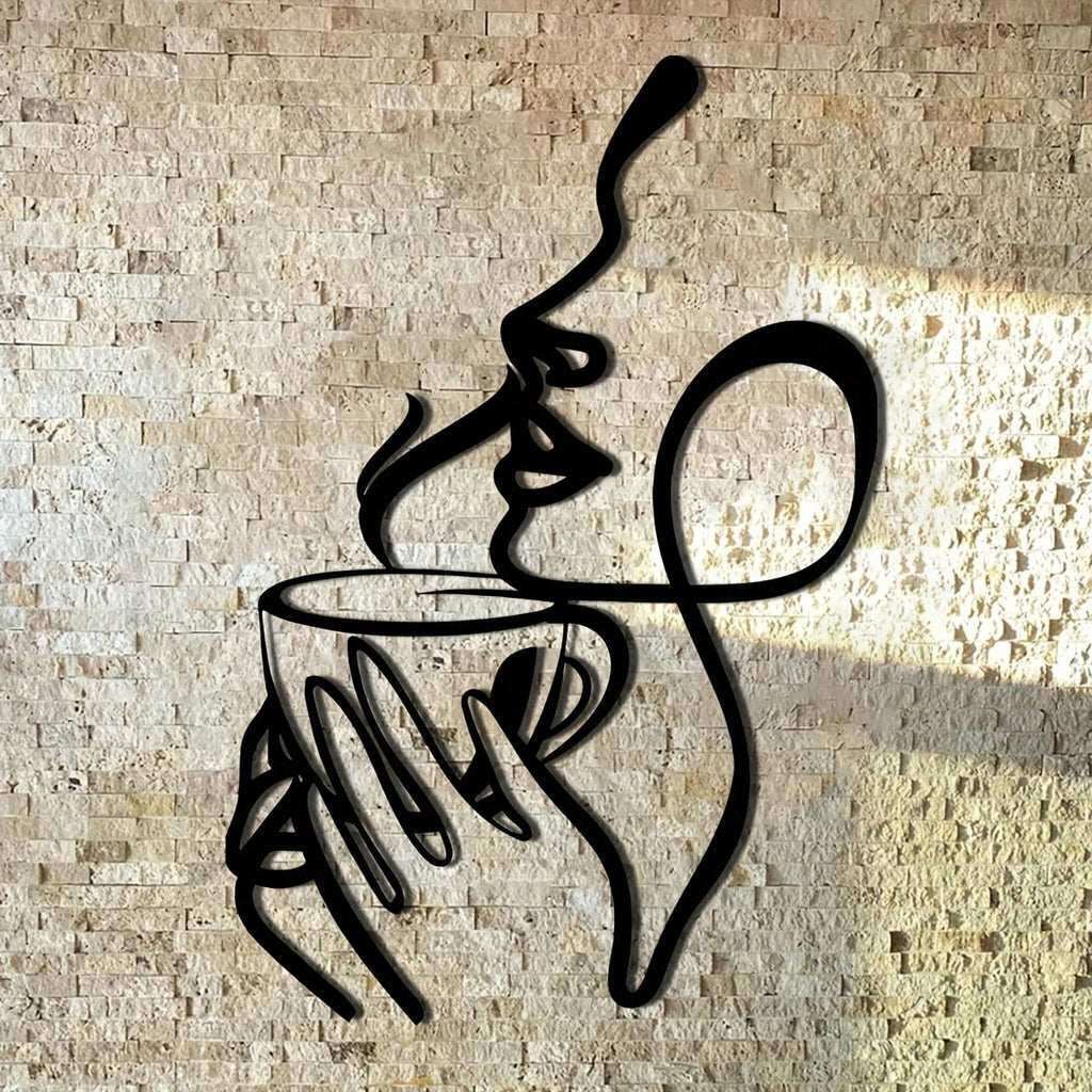 Ladies line art metal wall decoration - minimalist coffee and lipstick silhouette, black metal wall carving, perfect for living room, bedroom, balcony or patio decoration, the perfect housewarming gift.