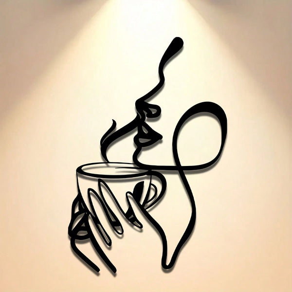 Ladies line art metal wall decoration - minimalist coffee and lipstick silhouette, black metal wall carving, perfect for living room, bedroom, balcony or patio decoration, the perfect housewarming gift.