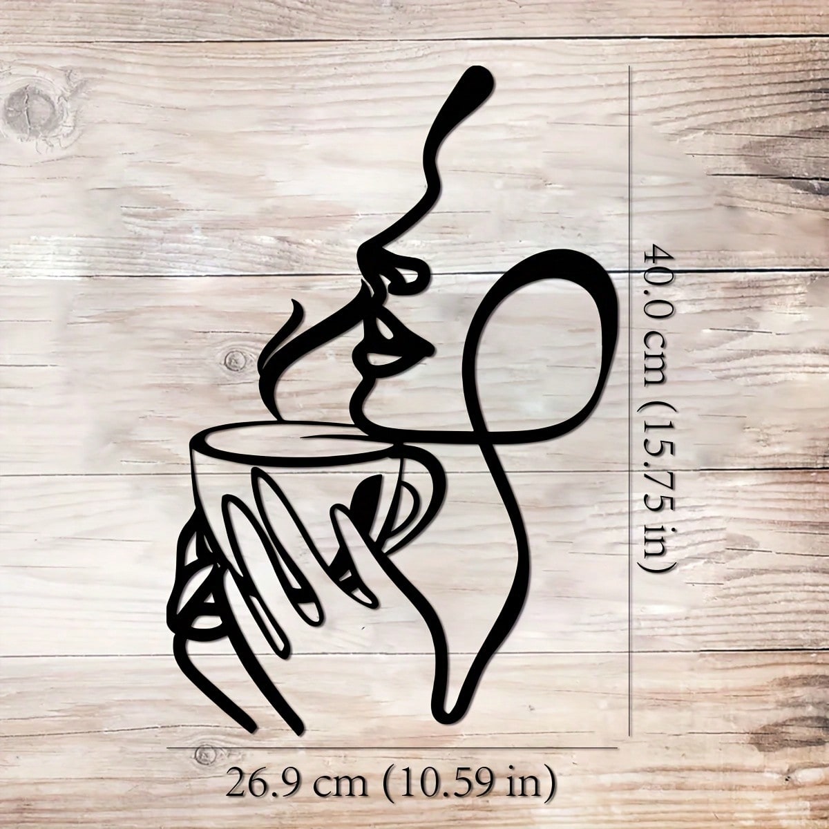 Ladies line art metal wall decoration - minimalist coffee and lipstick silhouette, black metal wall carving, perfect for living room, bedroom, balcony or patio decoration, the perfect housewarming gift.