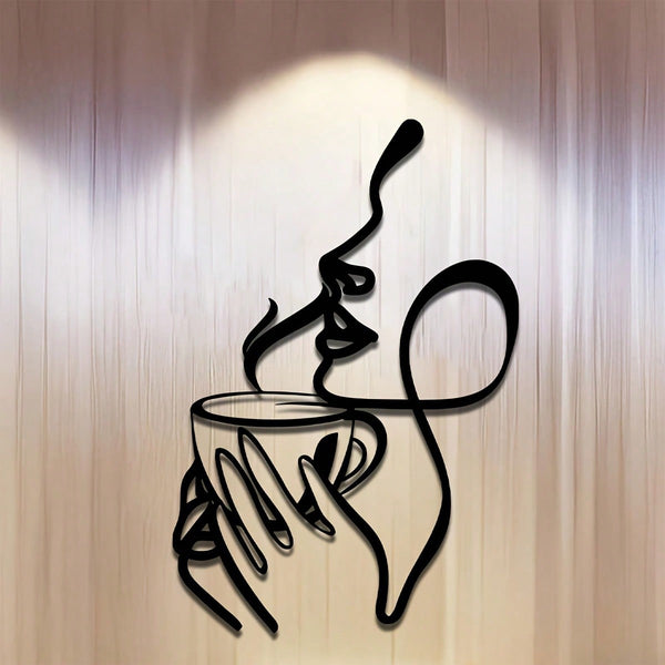 Ladies line art metal wall decoration - minimalist coffee and lipstick silhouette, black metal wall carving, perfect for living room, bedroom, balcony or patio decoration, the perfect housewarming gift.