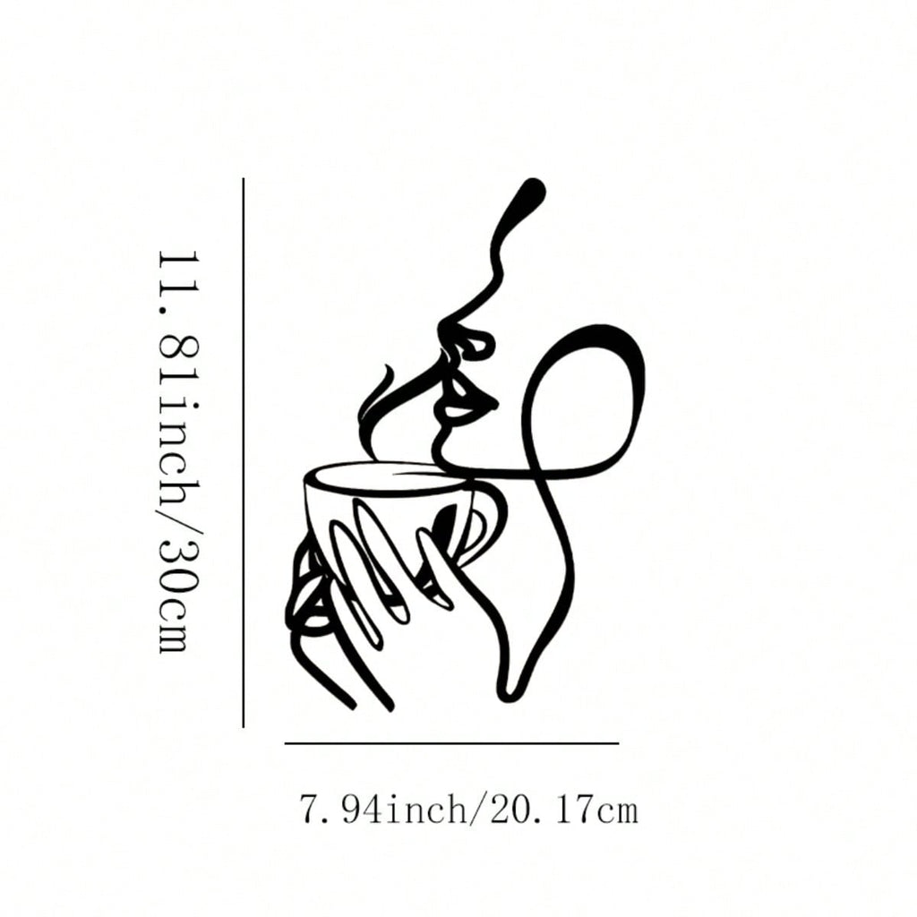 Ladies line art metal wall decoration - minimalist coffee and lipstick silhouette, black metal wall carving, perfect for living room, bedroom, balcony or patio decoration, the perfect housewarming gift.