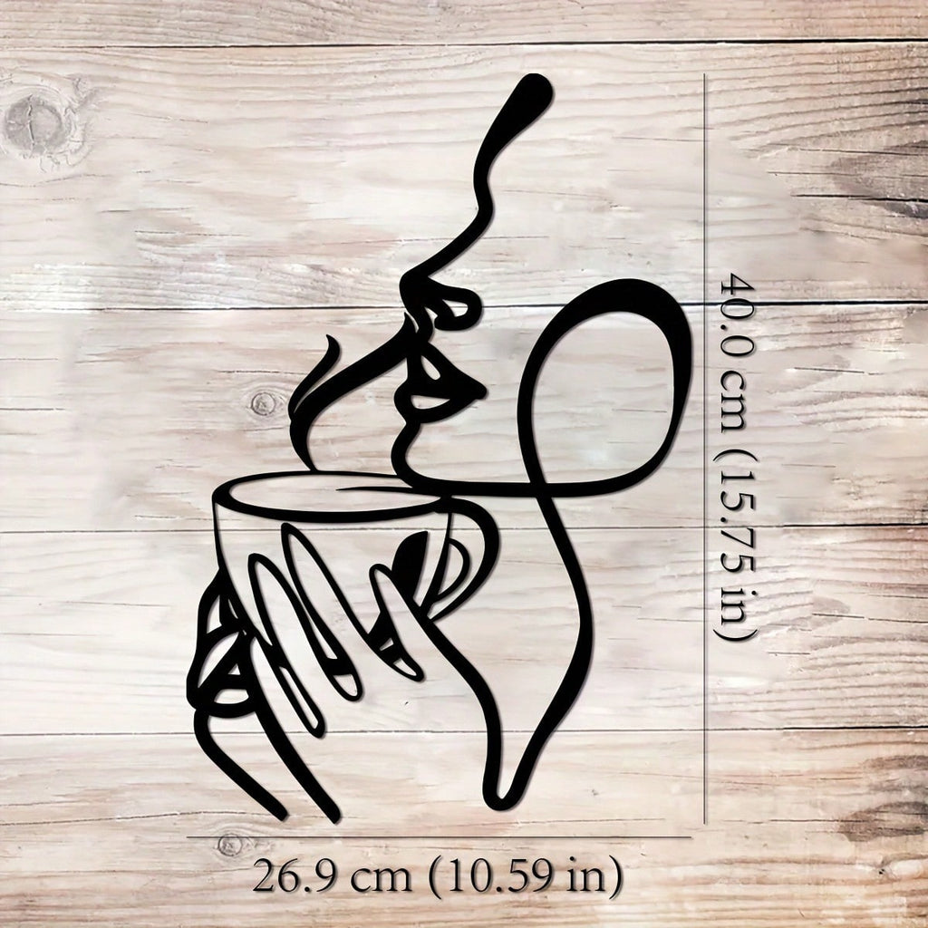 Ladies line art metal wall decoration - minimalist coffee and lipstick silhouette, black metal wall carving, perfect for living room, bedroom, balcony or patio decoration, the perfect housewarming gift.