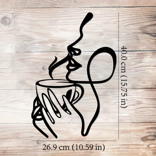 Ladies line art metal wall decoration - minimalist coffee and lipstick silhouette, black metal wall carving, perfect for living room, bedroom, balcony or patio decoration, the perfect housewarming gift.