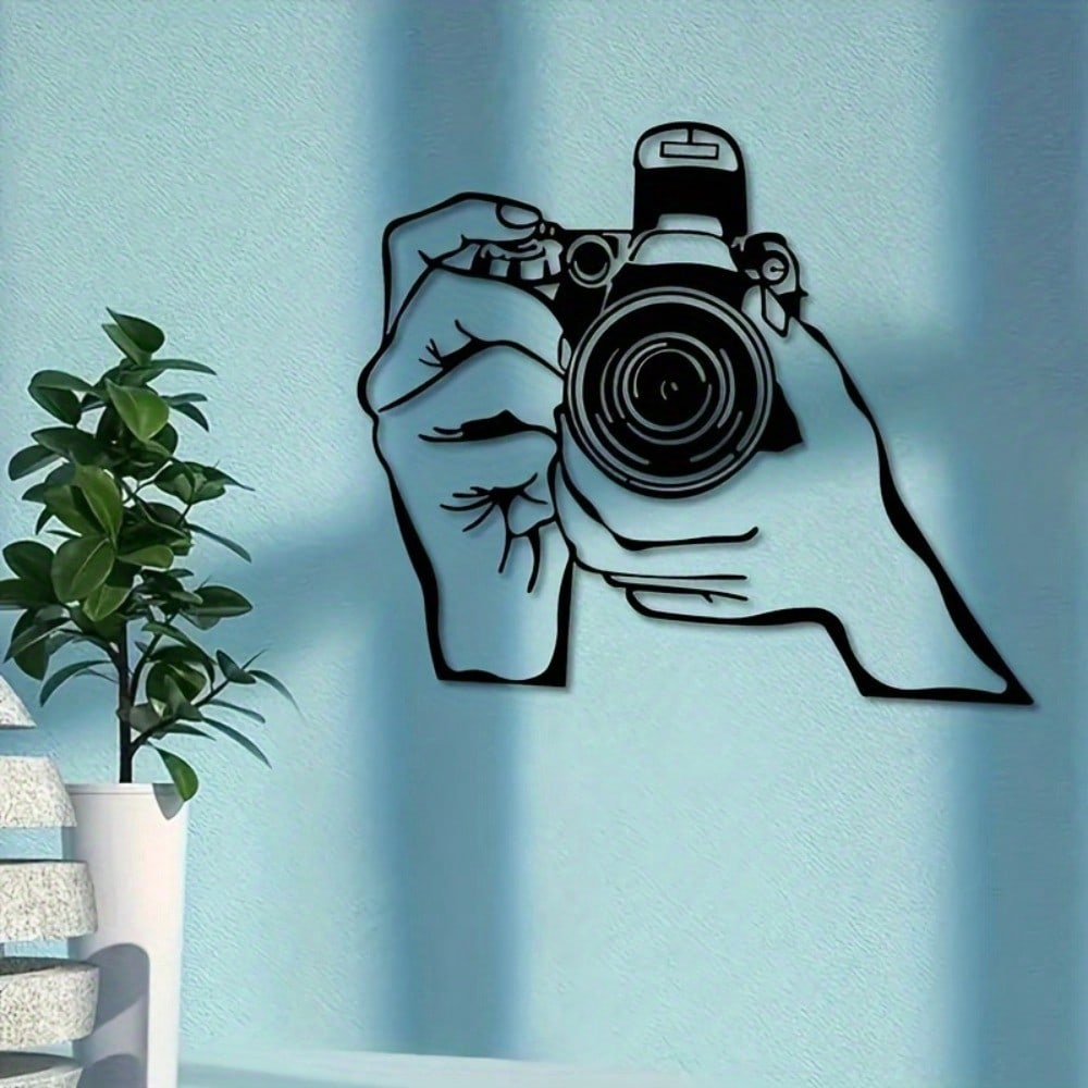 1pc 2D Metal Wall Art - Camera Line Art Decor, Black And White Minimalist Design, Durable Metal Craftsmanship, Suitable For Home, Office, Studio, Perfect Room Decoration