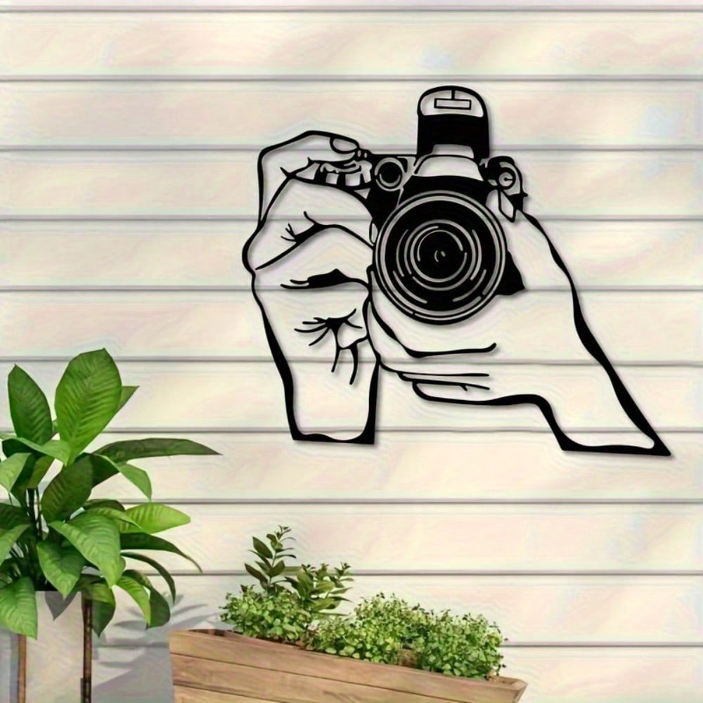 1pc 2D Metal Wall Art - Camera Line Art Decor, Black And White Minimalist Design, Durable Metal Craftsmanship, Suitable For Home, Office, Studio, Perfect Room Decoration
