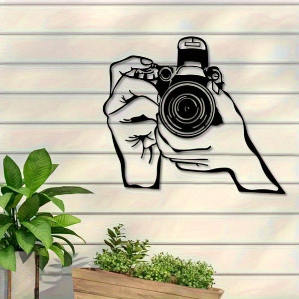 1pc 2D Metal Wall Art - Camera Line Art Decor, Black And White Minimalist Design, Durable Metal Craftsmanship, Suitable For Home, Office, Studio, Perfect Room Decoration