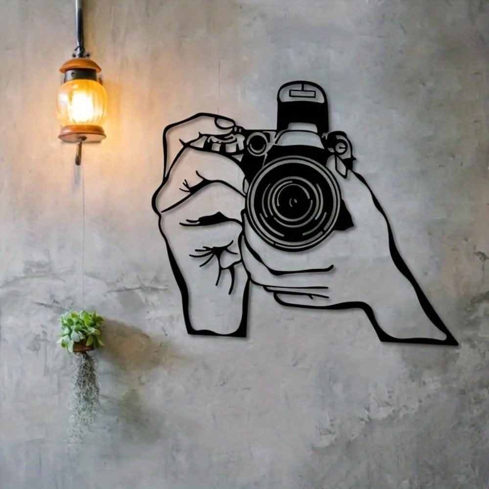 1pc 2D Metal Wall Art - Camera Line Art Decor, Black And White Minimalist Design, Durable Metal Craftsmanship, Suitable For Home, Office, Studio, Perfect Room Decoration