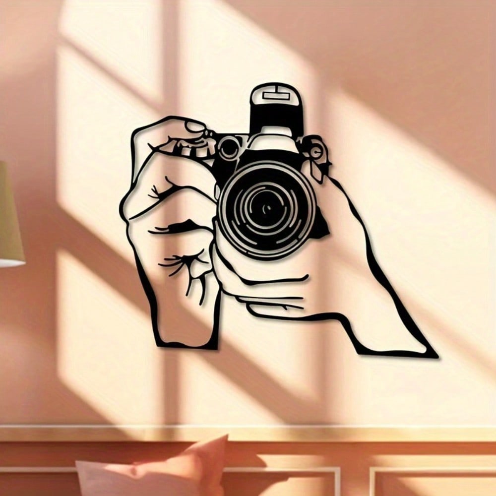 1pc 2D Metal Wall Art - Camera Line Art Decor, Black And White Minimalist Design, Durable Metal Craftsmanship, Suitable For Home, Office, Studio, Perfect Room Decoration