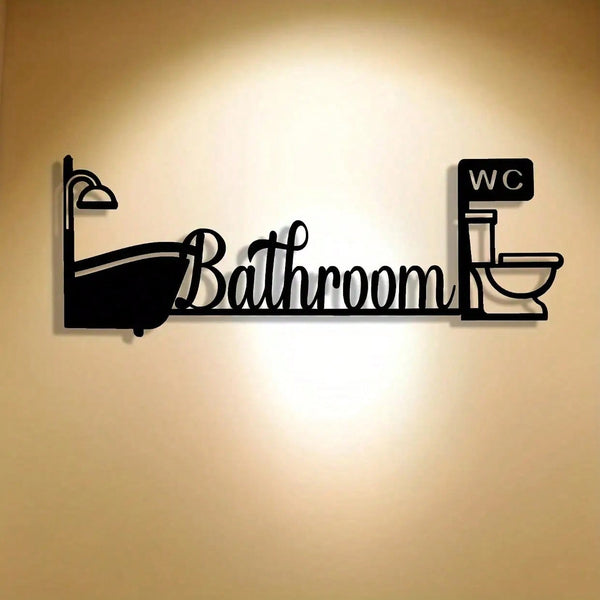 Vintage 2D wrought iron bathroom sign - toilet/restroom door decoration, rustic minimalist style, easy to hang, no wiring required, suitable for housewarming or wedding gifts, black metal wall hanging artwork.