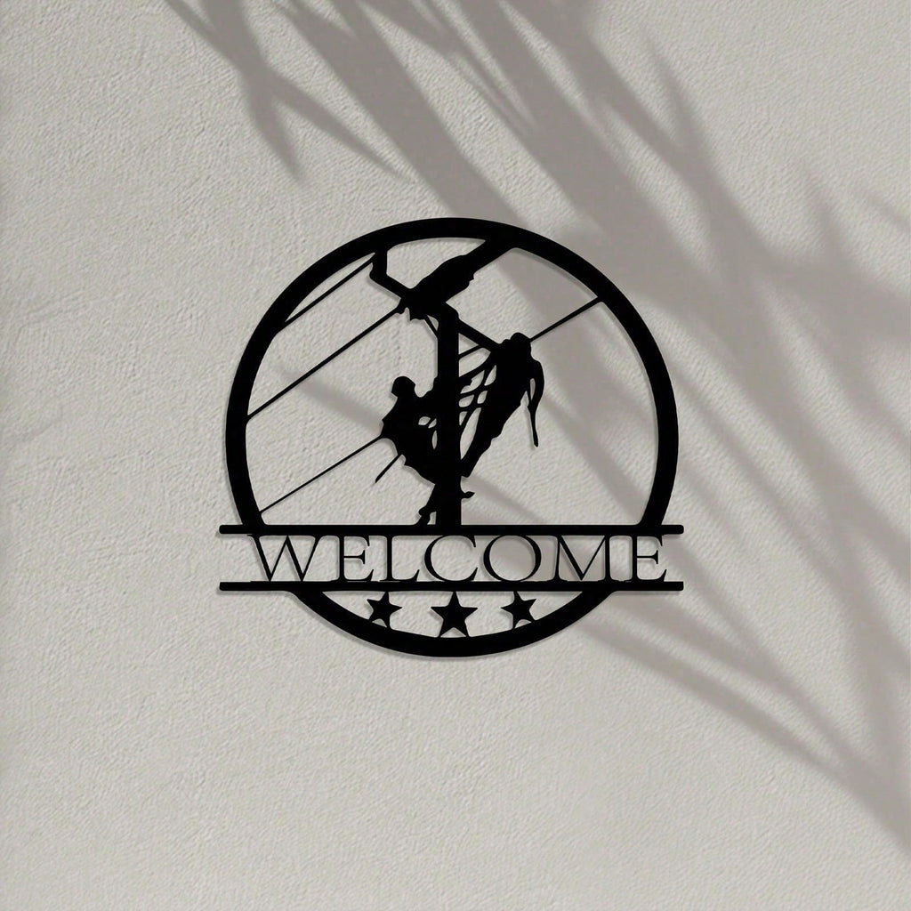 Vintage electrician metal wall hanging artwork - industrial style "welcome" sign, heavy duty iron construction, no power supply required, easy to install. Perfect for home, office decor or as an electrician gift (Christmas, birthday, Thanksgiving).