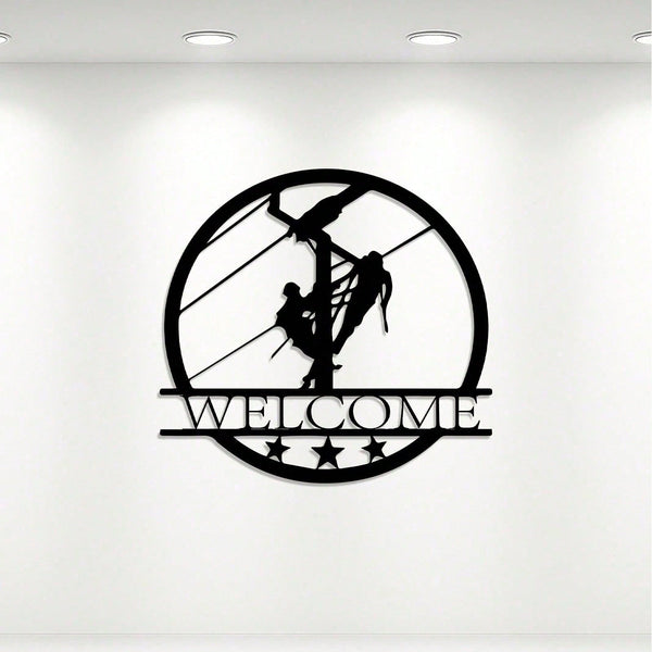 Vintage electrician metal wall hanging artwork - industrial style "welcome" sign, heavy duty iron construction, no power supply required, easy to install. Perfect for home, office decor or as an electrician gift (Christmas, birthday, Thanksgiving).