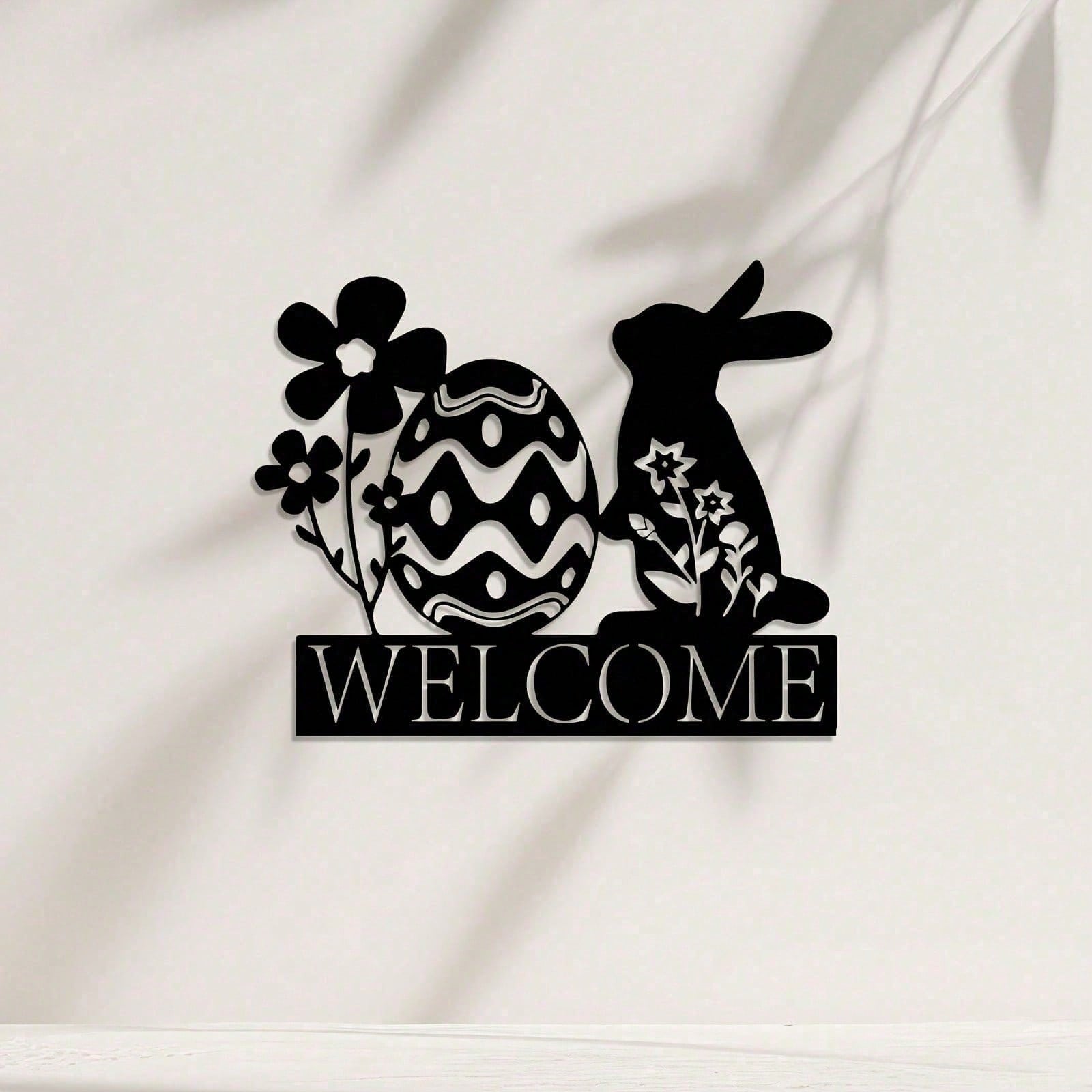 Vintage Easter Bunny and Tulip Metal Wall Hanging Artwork - Wrought Iron Rabbit and Tulip Flower Sculpture. A charming spring garden outdoor/pendant ornament, perfect as an Easter egg hunting gift or year round festive decor. Main image