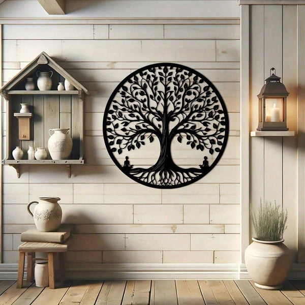 15.75-Inch Circular Elegant Tree Of Life Metal Wall Art, Crafted From Delicate Black Metal With Natural Motifs. Ideal For Home, Office, Or Outdoor Decor, It Makes A Perfect Housewarming Or Birthday Gift. A Stylish Addition To Modern Interior Spaces.