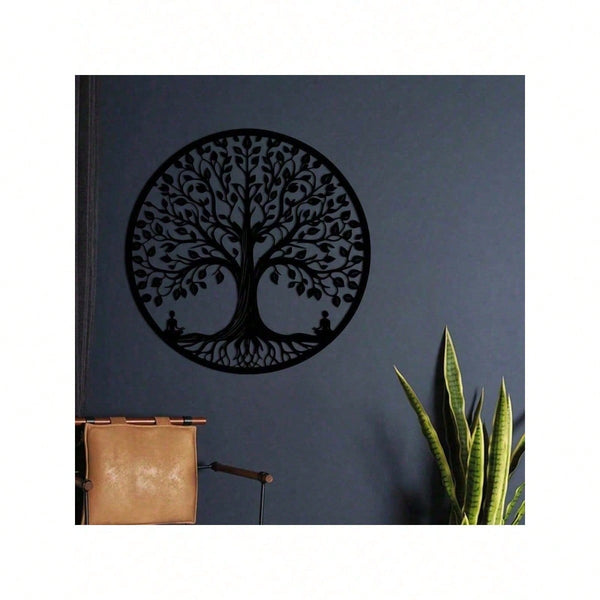 15.75-Inch Circular Elegant Tree Of Life Metal Wall Art, Crafted From Delicate Black Metal With Natural Motifs. Ideal For Home, Office, Or Outdoor Decor, It Makes A Perfect Housewarming Or Birthday Gift. A Stylish Addition To Modern Interior Spaces.