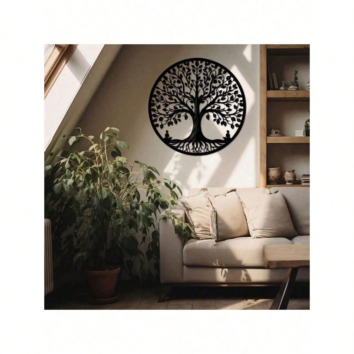 15.75-Inch Circular Elegant Tree Of Life Metal Wall Art, Crafted From Delicate Black Metal With Natural Motifs. Ideal For Home, Office, Or Outdoor Decor, It Makes A Perfect Housewarming Or Birthday Gift. A Stylish Addition To Modern Interior Spaces.