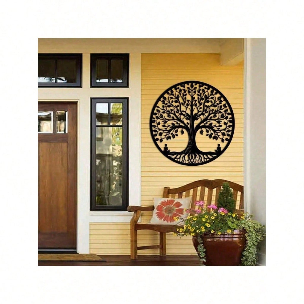 15.75-Inch Circular Elegant Tree Of Life Metal Wall Art, Crafted From Delicate Black Metal With Natural Motifs. Ideal For Home, Office, Or Outdoor Decor, It Makes A Perfect Housewarming Or Birthday Gift. A Stylish Addition To Modern Interior Spaces.
