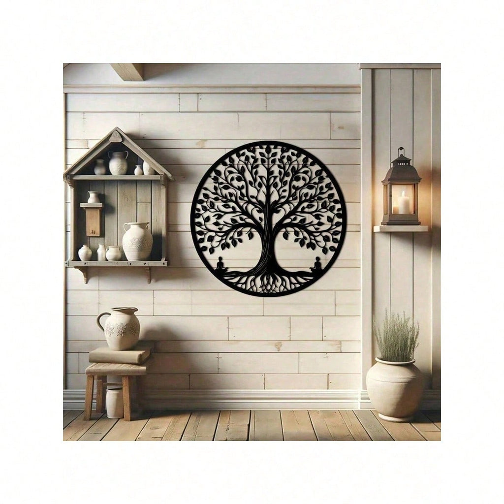15.75-Inch Circular Elegant Tree Of Life Metal Wall Art, Crafted From Delicate Black Metal With Natural Motifs. Ideal For Home, Office, Or Outdoor Decor, It Makes A Perfect Housewarming Or Birthday Gift. A Stylish Addition To Modern Interior Spaces.