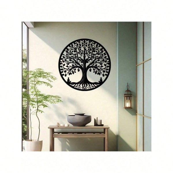 15.75-Inch Circular Elegant Tree Of Life Metal Wall Art, Crafted From Delicate Black Metal With Natural Motifs. Ideal For Home, Office, Or Outdoor Decor, It Makes A Perfect Housewarming Or Birthday Gift. A Stylish Addition To Modern Interior Spaces.