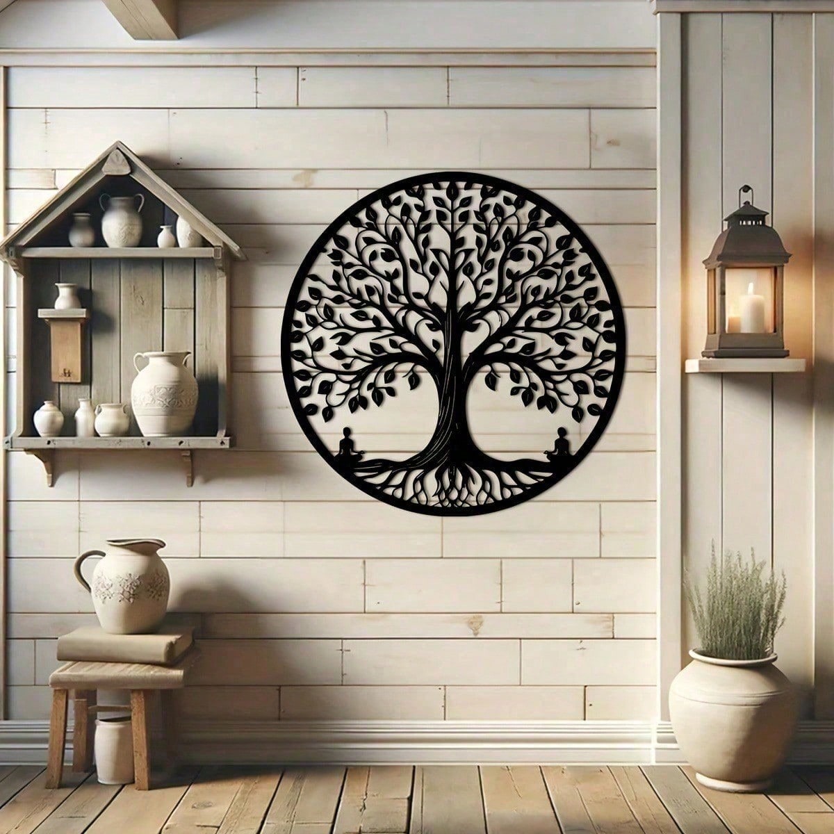 15.75-Inch Circular Elegant Tree Of Life Metal Wall Art, Crafted From Delicate Black Metal With Natural Motifs. Ideal For Home, Office, Or Outdoor Decor, It Makes A Perfect Housewarming Or Birthday Gift. A Stylish Addition To Modern Interior Spaces.