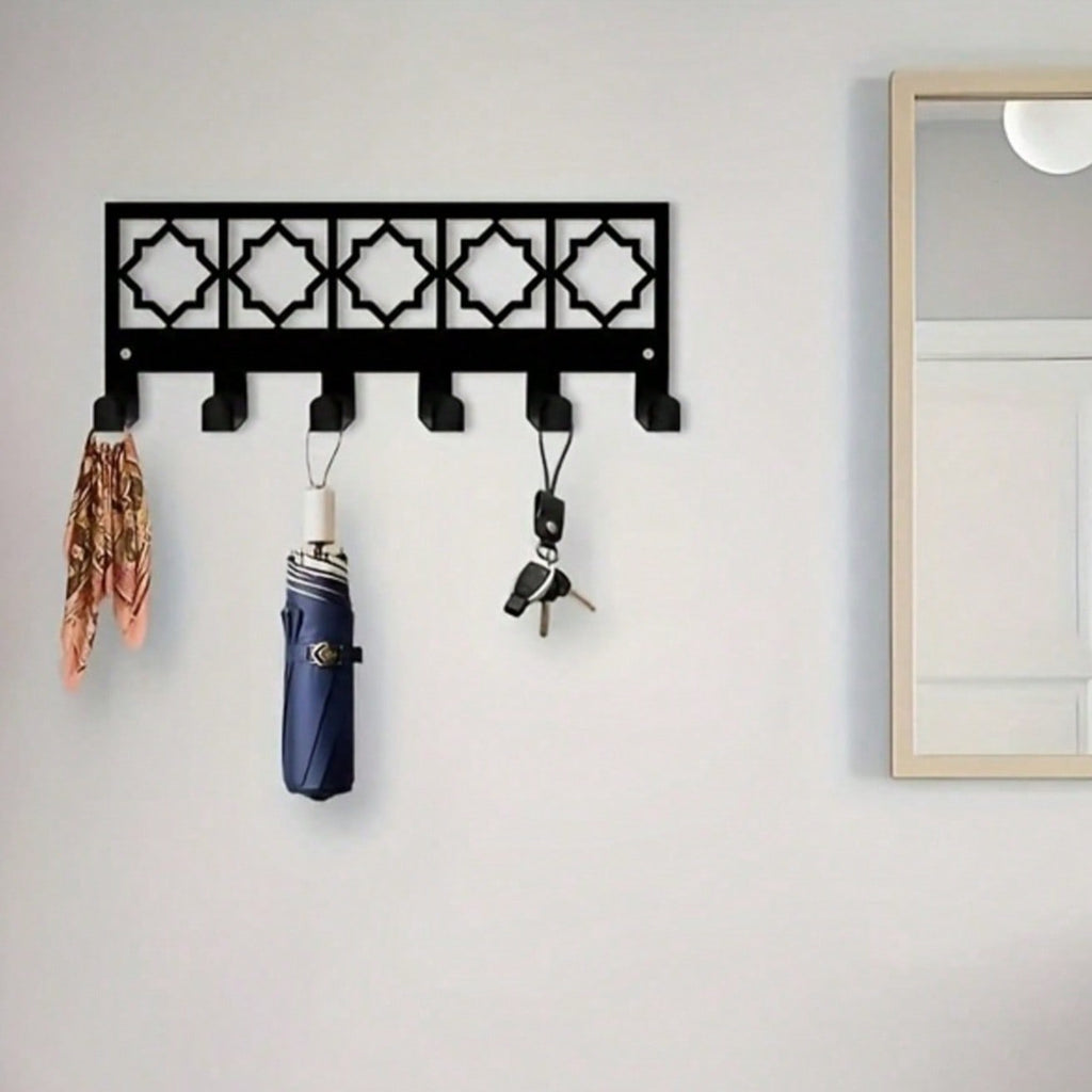 Bohemian Style Metal Wall Hook With 6 Key Holders - Elegant Design, Sturdy Construction, Practical Storage For Home, Office Or Entryway. Featuring Black Geometric Pattern, High-Quality Craftsmanship.| Home Organization, Entryway Decor, Premium Craftsmansh