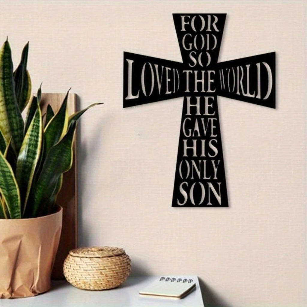 A vintage style metal cross wall decoration with an inspiring message and elegant decorative patterns, perfect for bedroom or living room spaces. Suitable for room decoration, wall decoration, home decoration