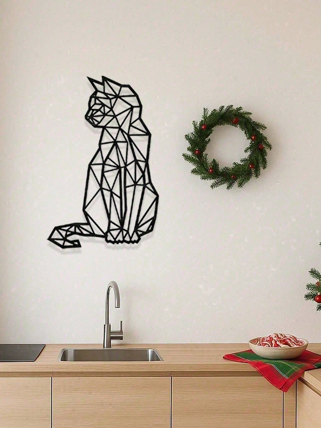 Vintage 3D Geometric Wrought Iron Cat Wall Art - Hand-Forged Metal Cat Sculpture | Boho Home & Office Decor, Aesthetic Animal Wall Hanging For Cat Lovers | Unique Gifts For Women, Men, Birthday, Housewarming, Christmas |  Aesthetic, Room Decor, Gifts For Main image