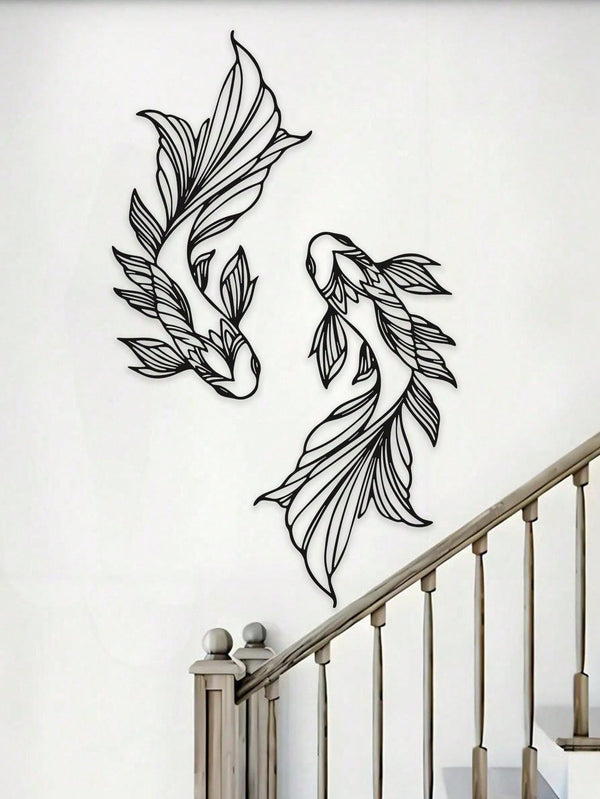 2-Piece carp metal wall-mounted art decorations, minimalist line art is suitable for schools, home interior design, feng shui, living room decoration, bedroom decoration, home decoration, wall decoration