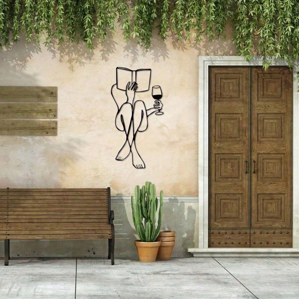 Women's Wine Tasting & Reading Metal Wall Decor, Books And Wine, Minimalist Line Art, Home Wall Decoration, Metal Wall Art, Interior Design, Canvas, Poster, Birthday & Graduation Gift, Room Decor