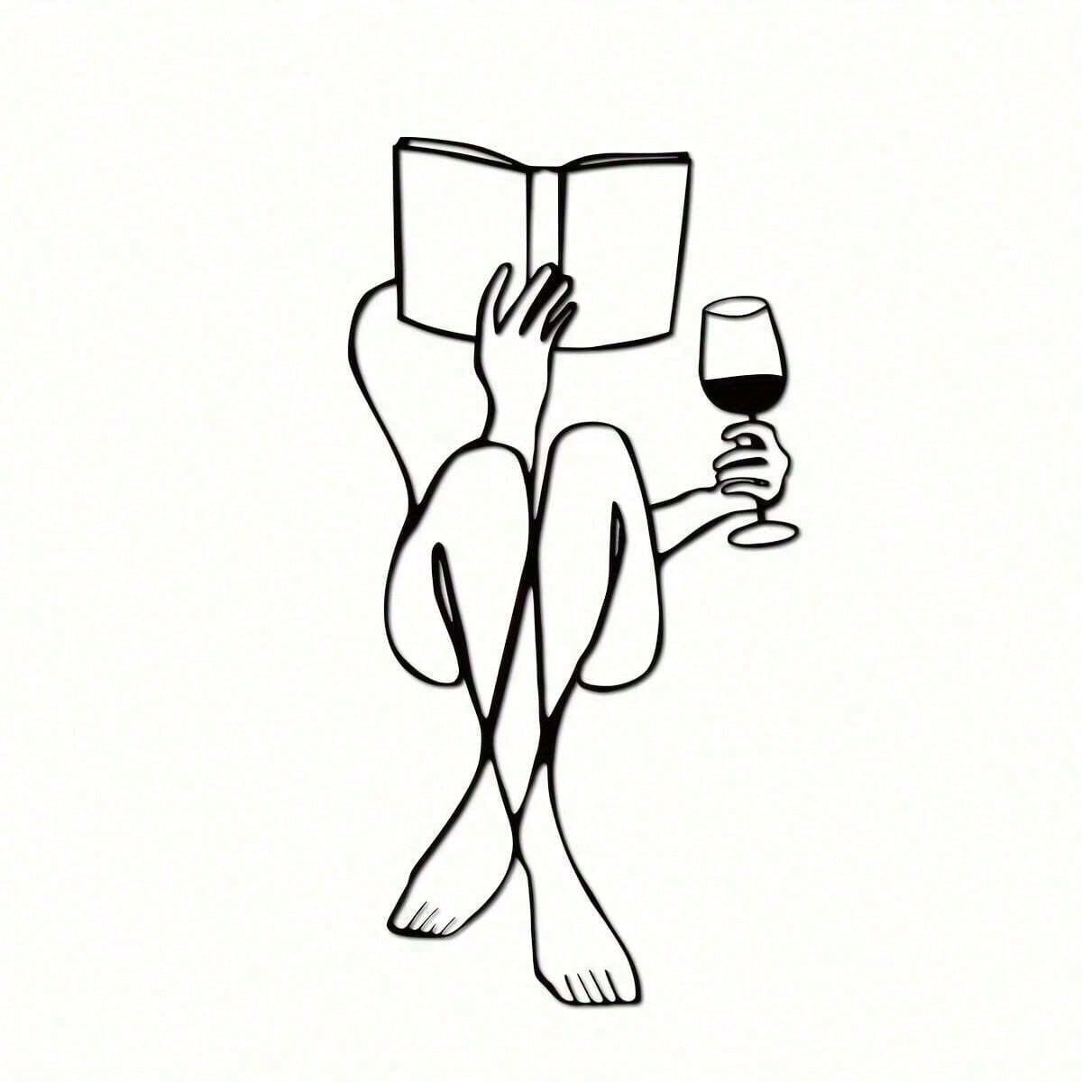 Women's Wine Tasting & Reading Metal Wall Decor, Books And Wine, Minimalist Line Art, Home Wall Decoration, Metal Wall Art, Interior Design, Canvas, Poster, Birthday & Graduation Gift, Room Decor