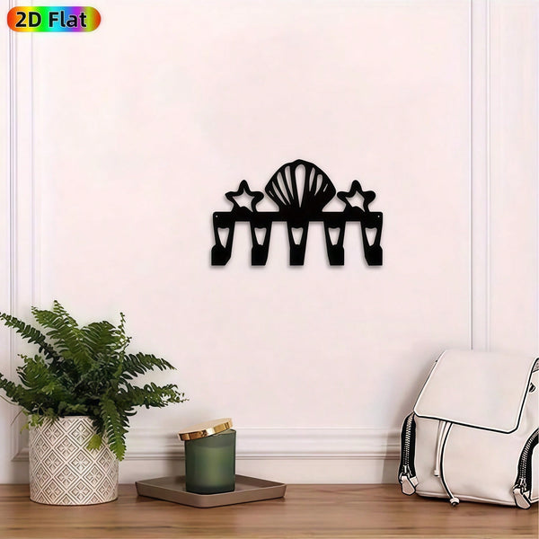 1 retro seaside shell hook frame, heavy metal wall hanging decoration with 5 hooks, rustic style entrance storage finishing rack