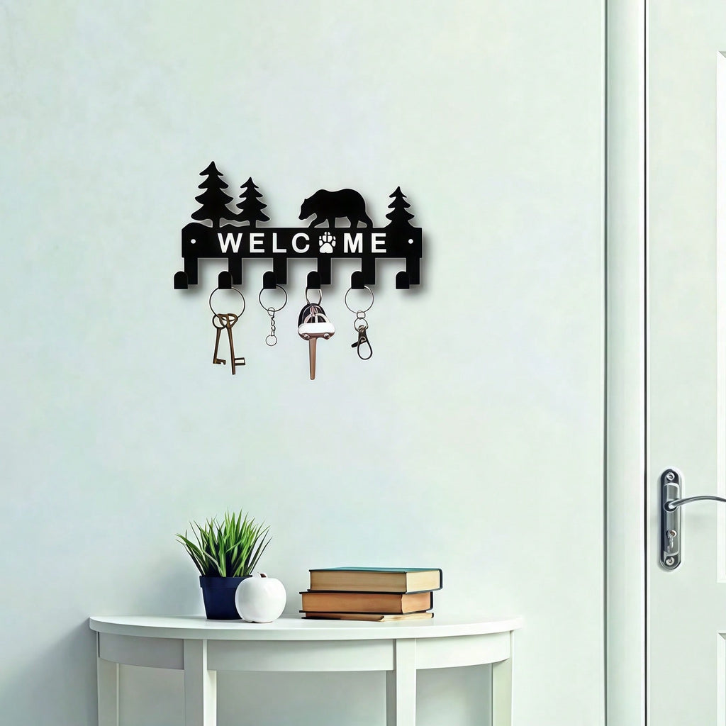 Metal Key Hook Holder - Black Wall Mounted Key Storage Box with 6 Hooks, Decorative Bear and Pine Pattern, Size 10.6x5.5 Inches, Suitable for Room Decor, Wall Decor, Home Decor, Bathroom Decor, Coffee Bar Essentials, Wall Art