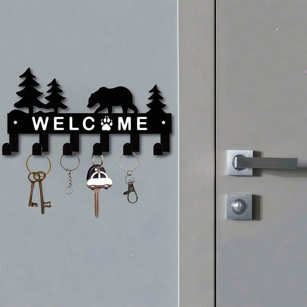 Metal Key Hook Holder - Black Wall Mounted Key Storage Box with 6 Hooks, Decorative Bear and Pine Pattern, Size 10.6x5.5 Inches, Suitable for Room Decor, Wall Decor, Home Decor, Bathroom Decor, Coffee Bar Essentials, Wall Art