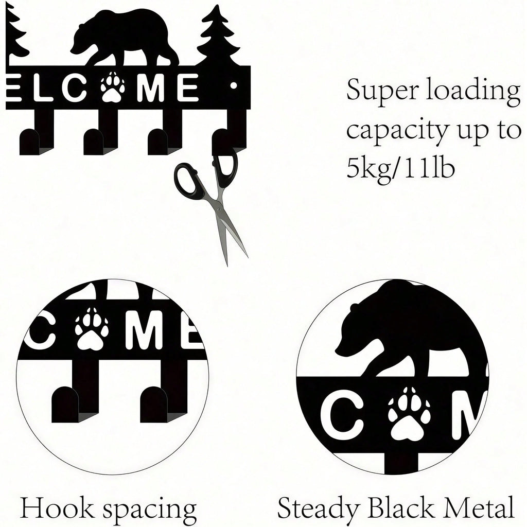 Metal Key Hook Holder - Black Wall Mounted Key Storage Box with 6 Hooks, Decorative Bear and Pine Pattern, Size 10.6x5.5 Inches, Suitable for Room Decor, Wall Decor, Home Decor, Bathroom Decor, Coffee Bar Essentials, Wall Art