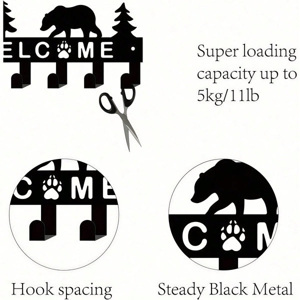 Metal Key Hook Holder - Black Wall Mounted Key Storage Box with 6 Hooks, Decorative Bear and Pine Pattern, Size 10.6x5.5 Inches, Suitable for Room Decor, Wall Decor, Home Decor, Bathroom Decor, Coffee Bar Essentials, Wall Art