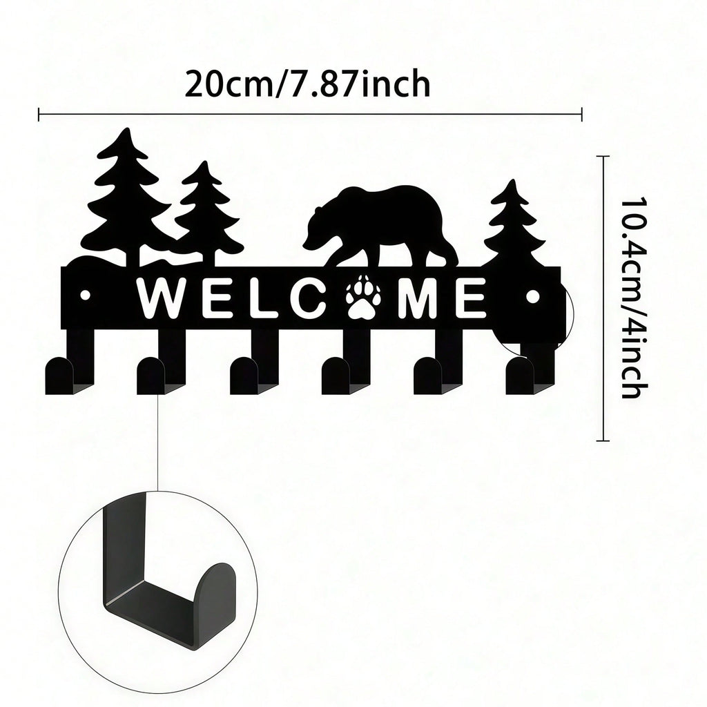 Metal Key Hook Holder - Black Wall Mounted Key Storage Box with 6 Hooks, Decorative Bear and Pine Pattern, Size 10.6x5.5 Inches, Suitable for Room Decor, Wall Decor, Home Decor, Bathroom Decor, Coffee Bar Essentials, Wall Art