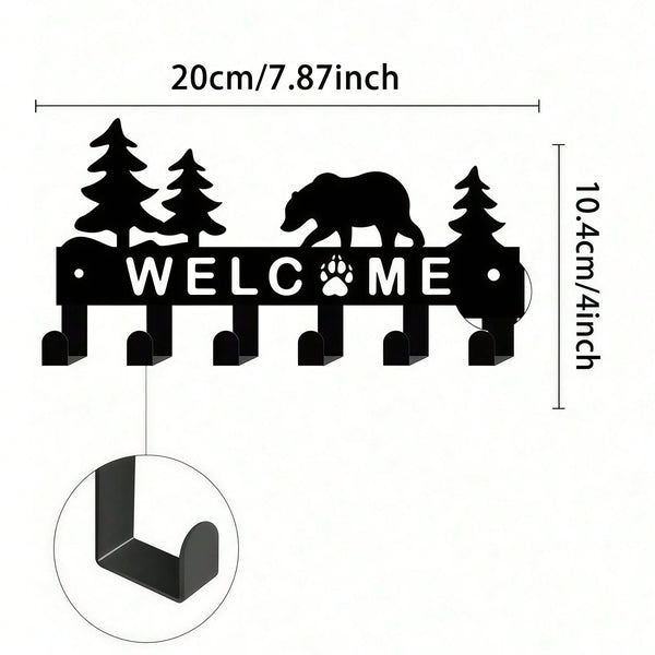 Metal Key Hook Holder - Black Wall Mounted Key Storage Box with 6 Hooks, Decorative Bear and Pine Pattern, Size 10.6x5.5 Inches, Suitable for Room Decor, Wall Decor, Home Decor, Bathroom Decor, Coffee Bar Essentials, Wall Art